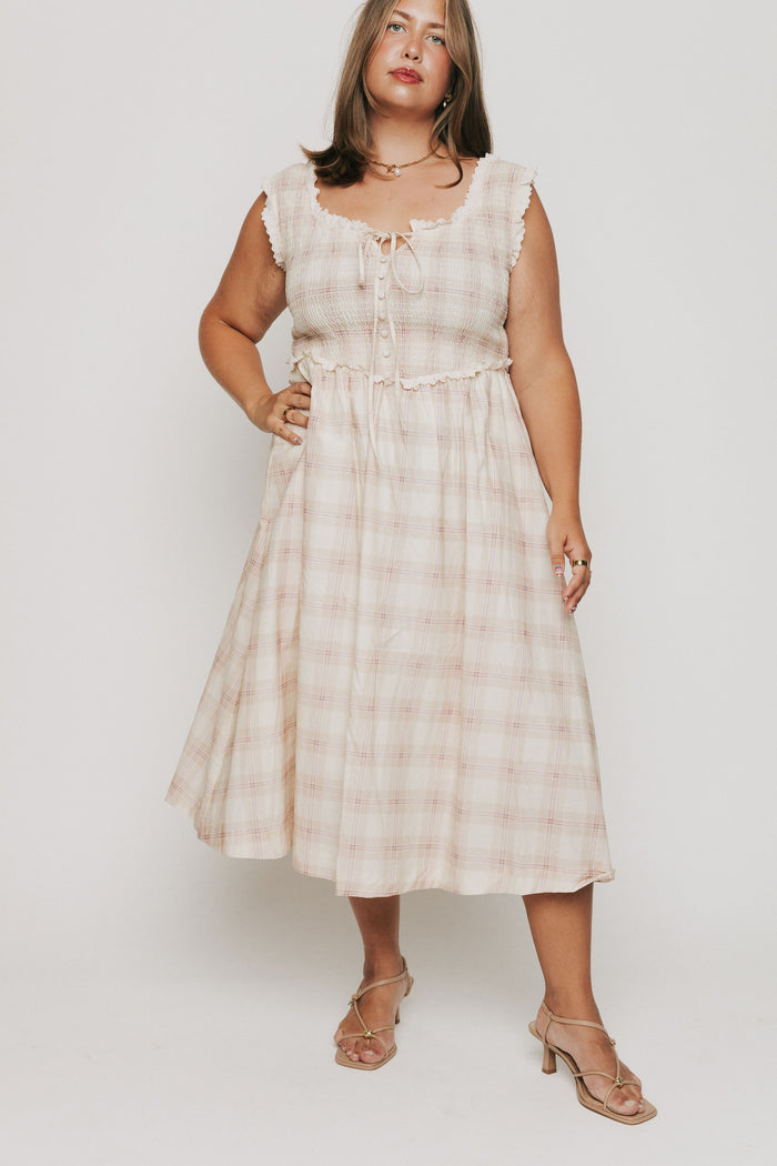 plaid midi dress with eyelet lace trim on bodice plus