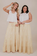 yellow spring print tiered maxi skirt models pose