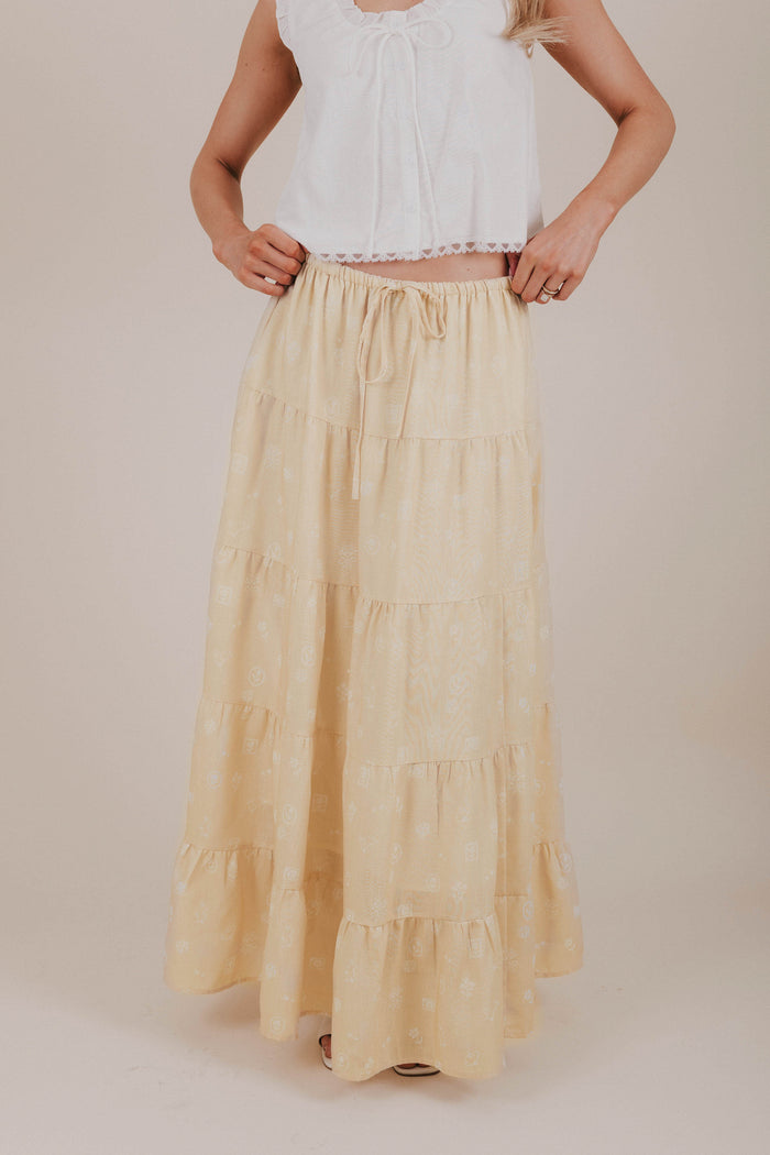 yellow spring print tiered maxi skirt front