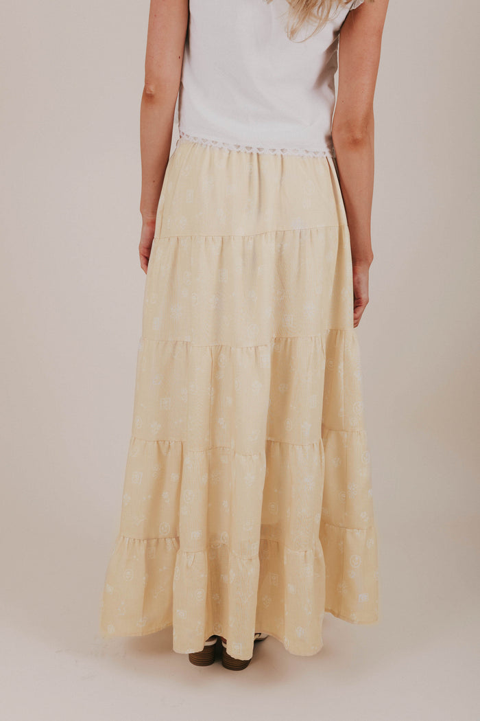 yellow spring print tiered maxi skirt back