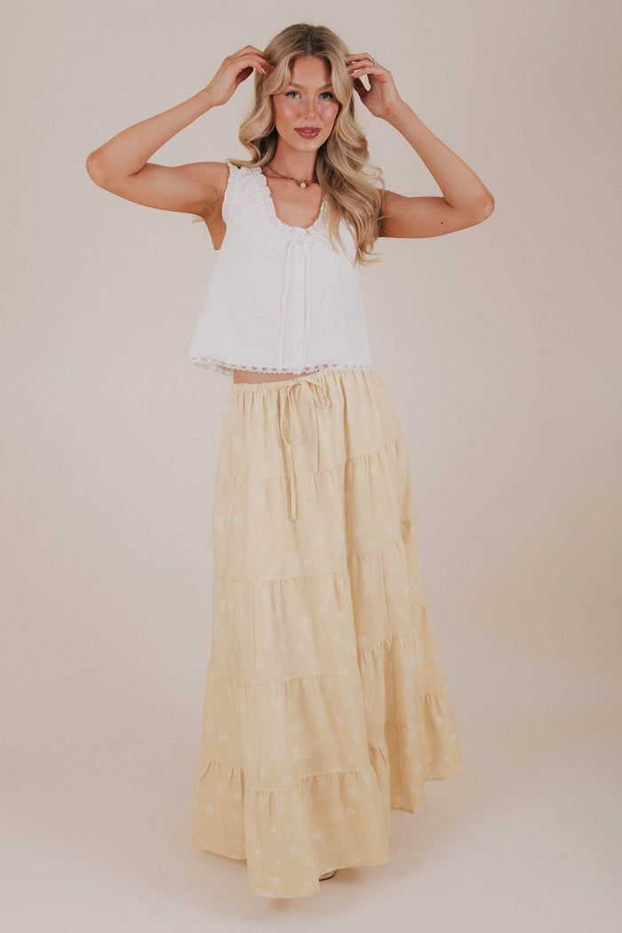 yellow spring print tiered maxi skirt full pose