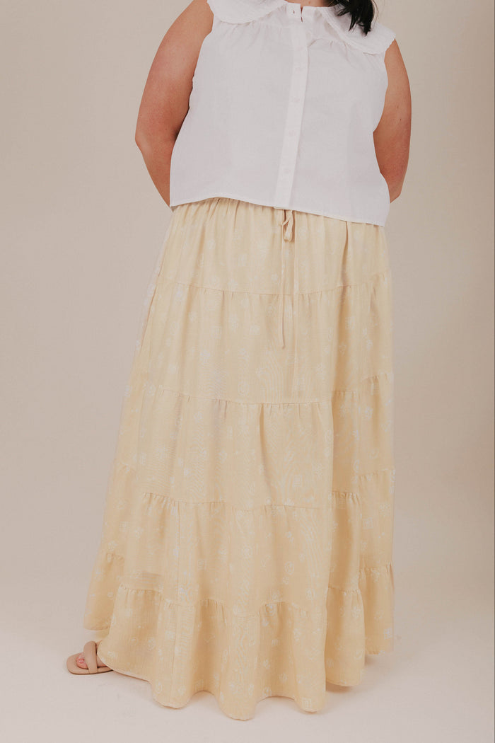 plus size yellow spring print tiered maxi skirt front