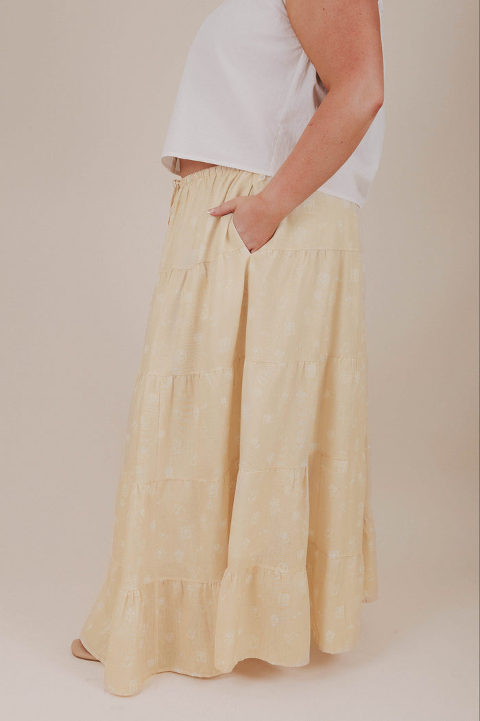 plus size yellow spring print tiered maxi skirt side