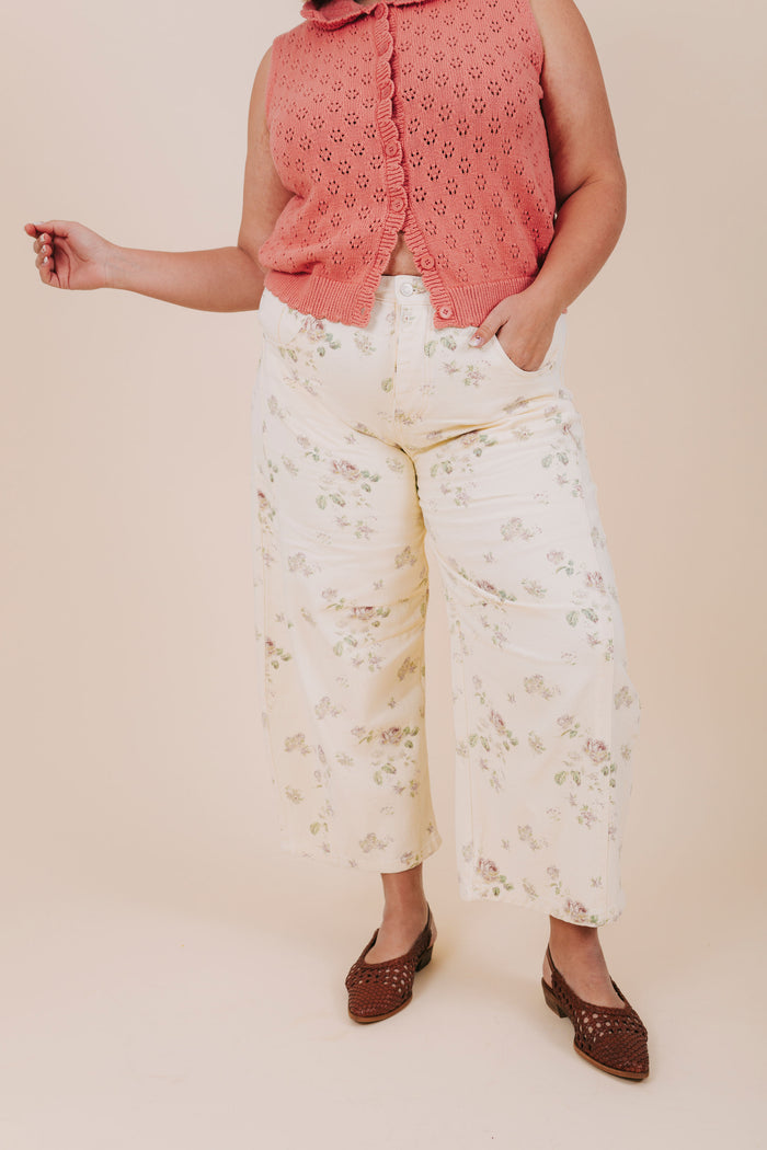 plus size ivory floral barrel jeans front