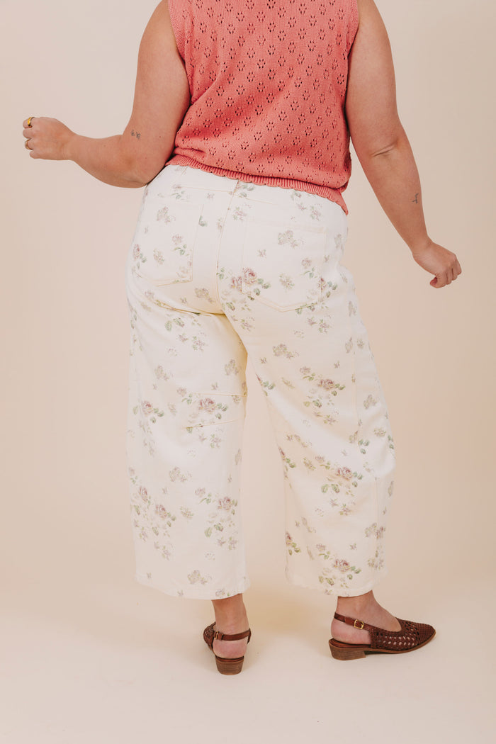 plus size ivory floral barrel jeans back