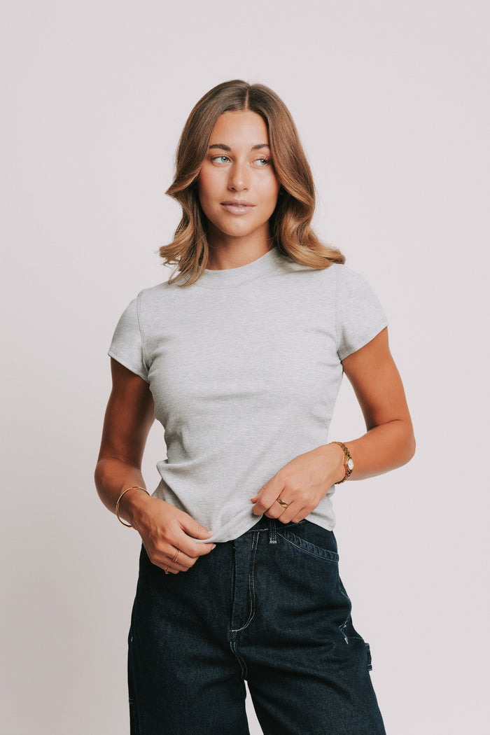 grey ribbed short sleeve top with raw seams