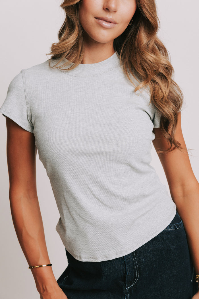 grey ribbed short sleeve top with raw seams front