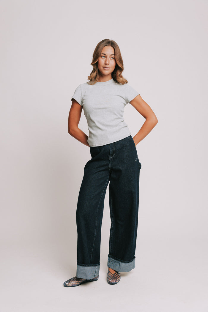 grey ribbed short sleeve top with raw seams full