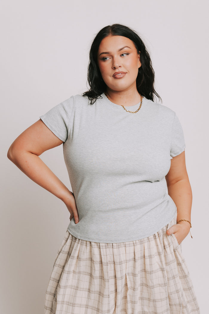 grey ribbed short sleeve top with raw seams plus