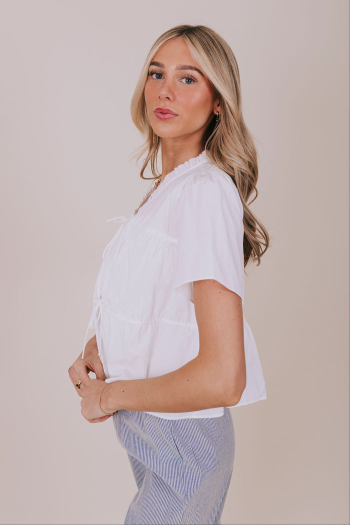 white v neck ruffled tied top side