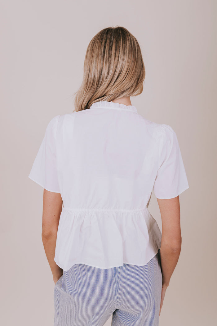 white v neck ruffled tied top back
