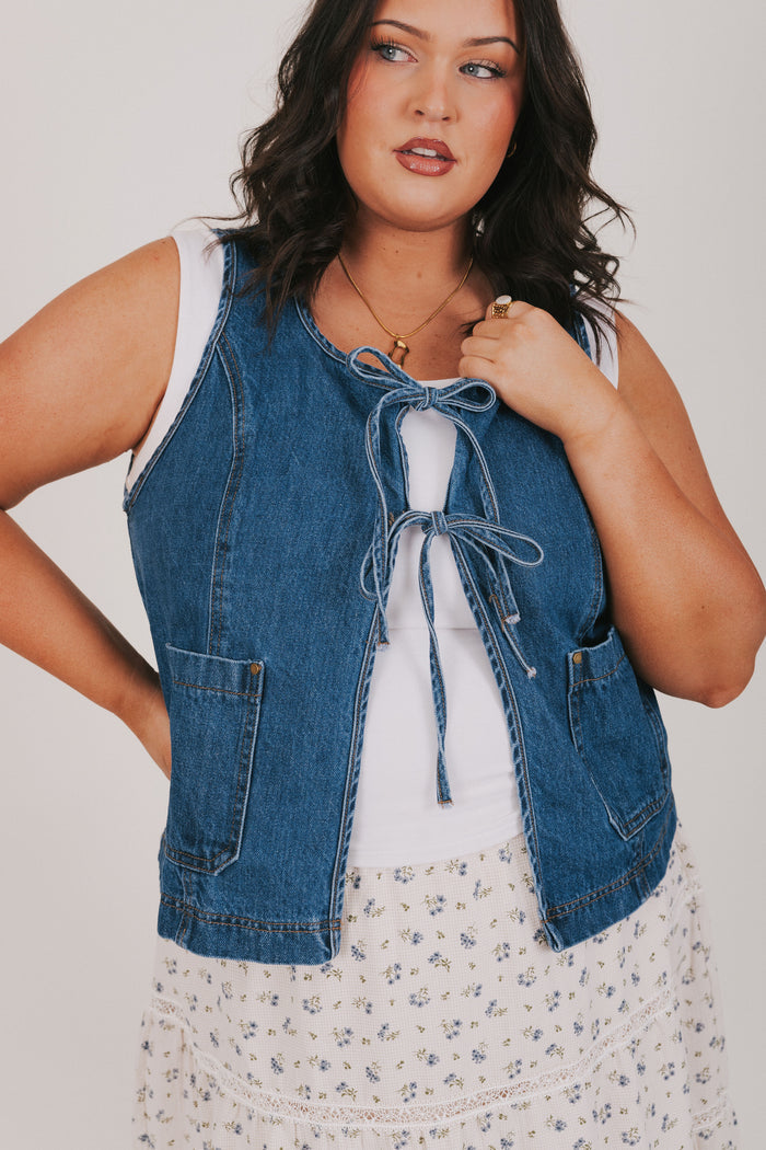 denim vest top with bows plus