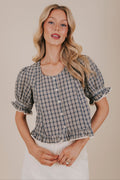 navy button up plaid blouse front