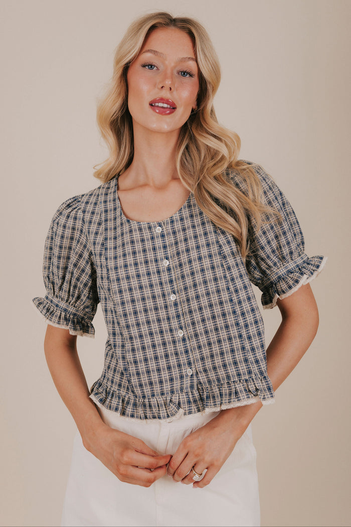 navy button up plaid blouse front