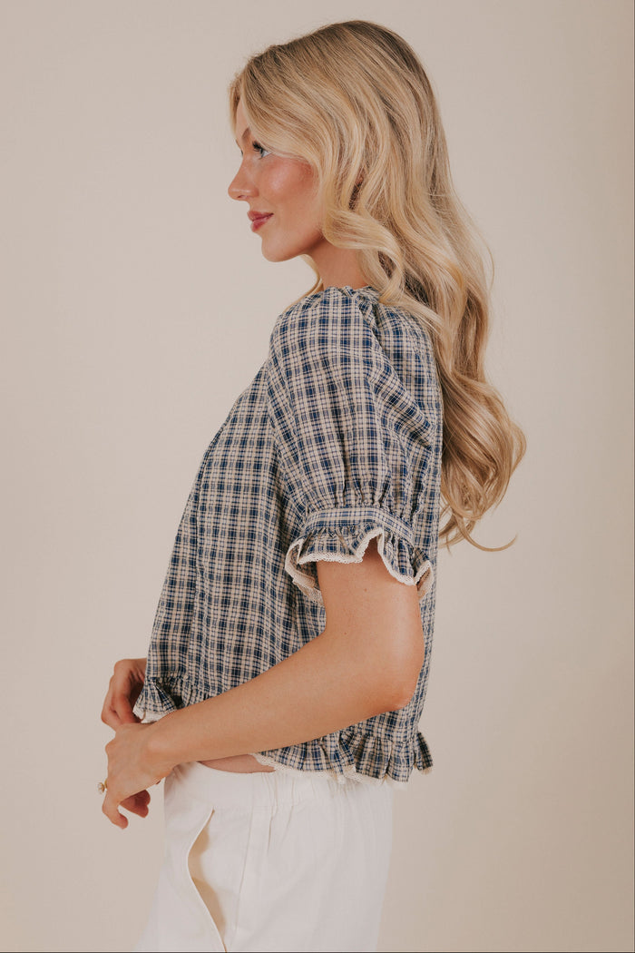 navy button up plaid blouse side