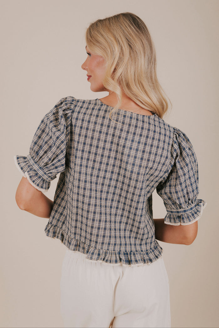 navy button up plaid blouse back