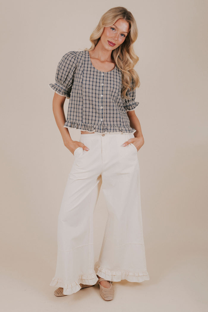 navy button up plaid blouse full