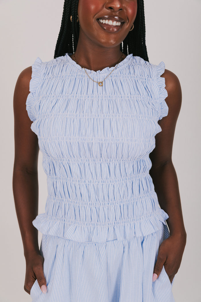 ruched wide shoulder tank with ruffled hem blue front