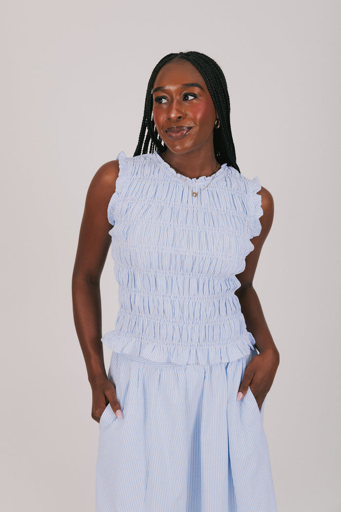 ruched wide shoulder tank with ruffled hem blue