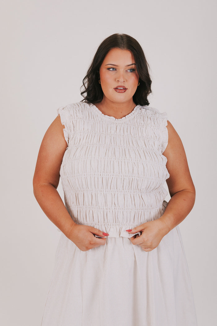 ruched wide shoulder tank with ruffled hem plus light beige