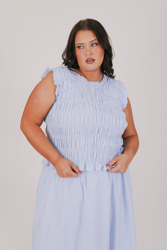 ruched wide shoulder tank with ruffled hem plus blue