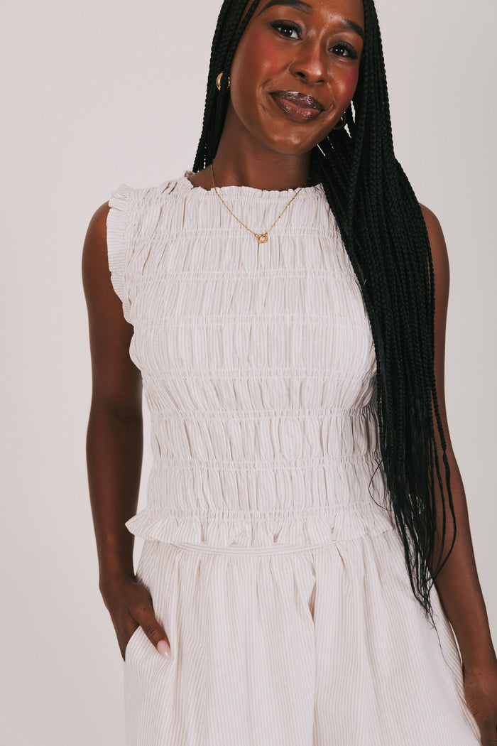 ruched wide shoulder tank with ruffled hem light beige front