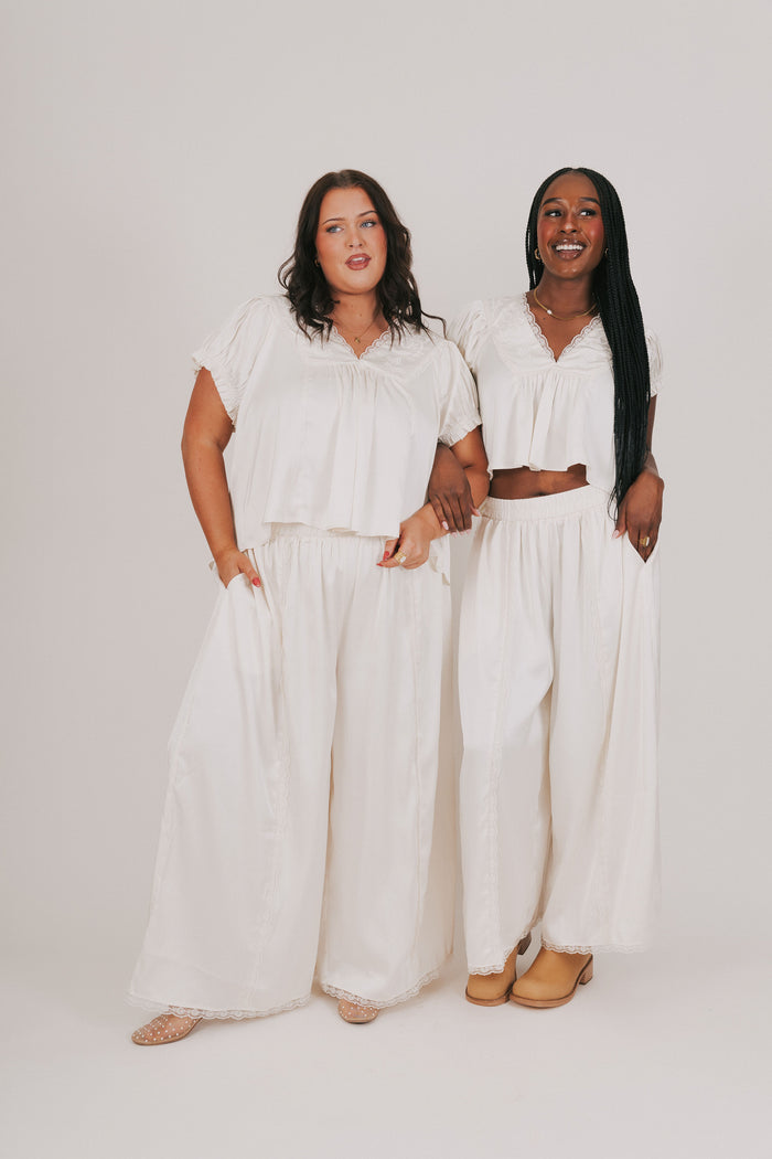 white v neck top with lace detailing models 2