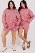 red and white striped elastic waist shorts