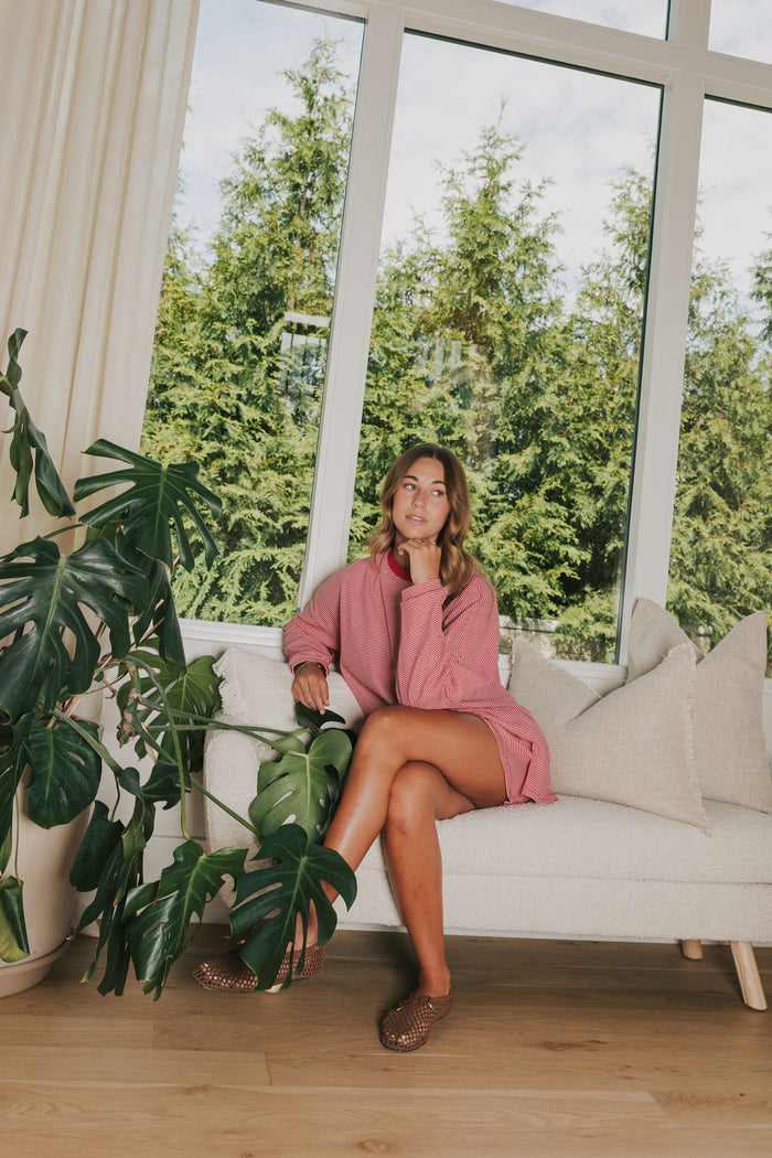 Red and white striped loungewear shorts with matching top