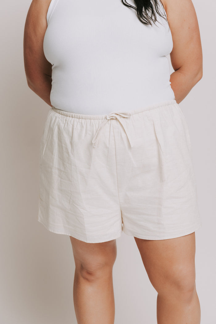 ivory linen shorts with elastic waist plus