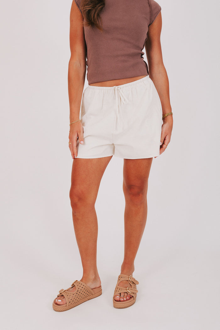 ivory linen shorts with elastic waist