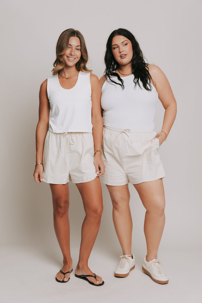 ivory linen shorts with elastic waist models