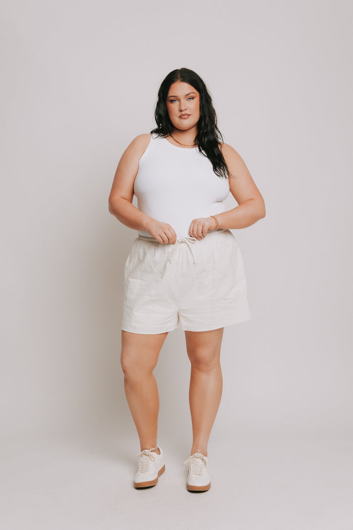 ivory linen shorts with elastic waist plus full
