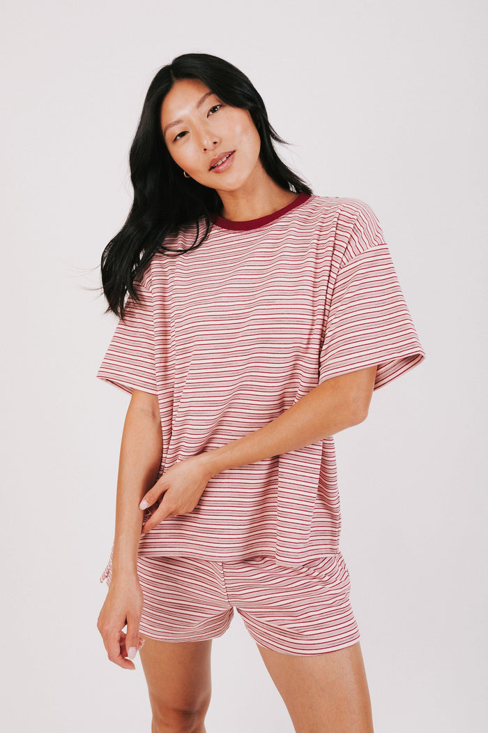 dusty red striped oversized top front