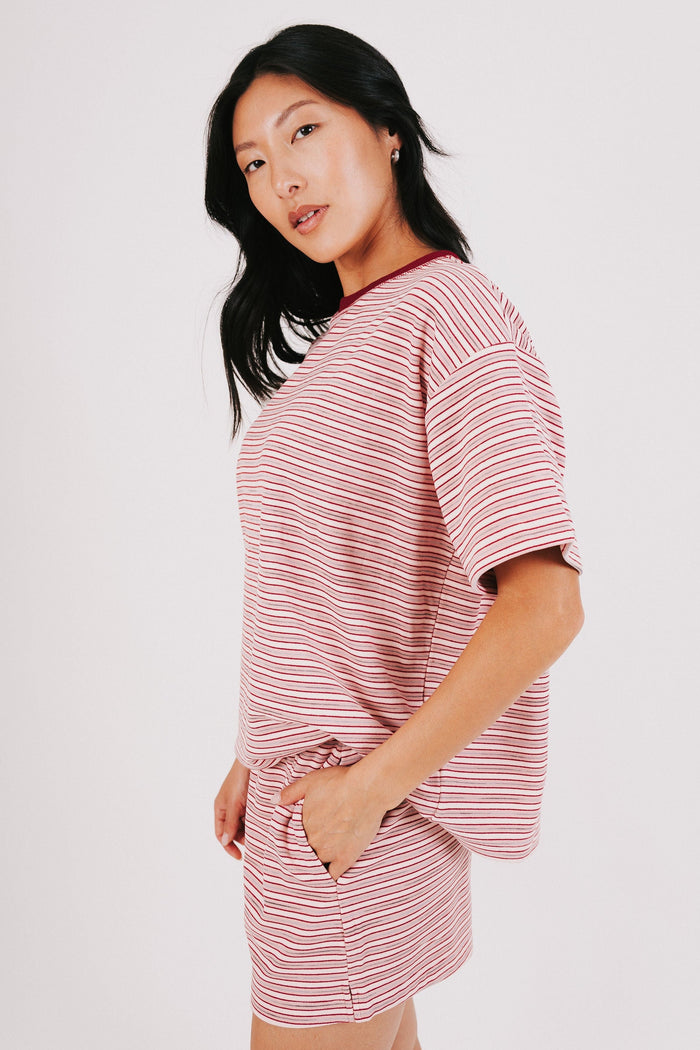dusty red striped oversized top side