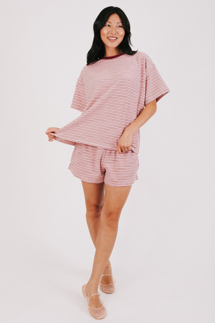 dusty red striped oversized top full set