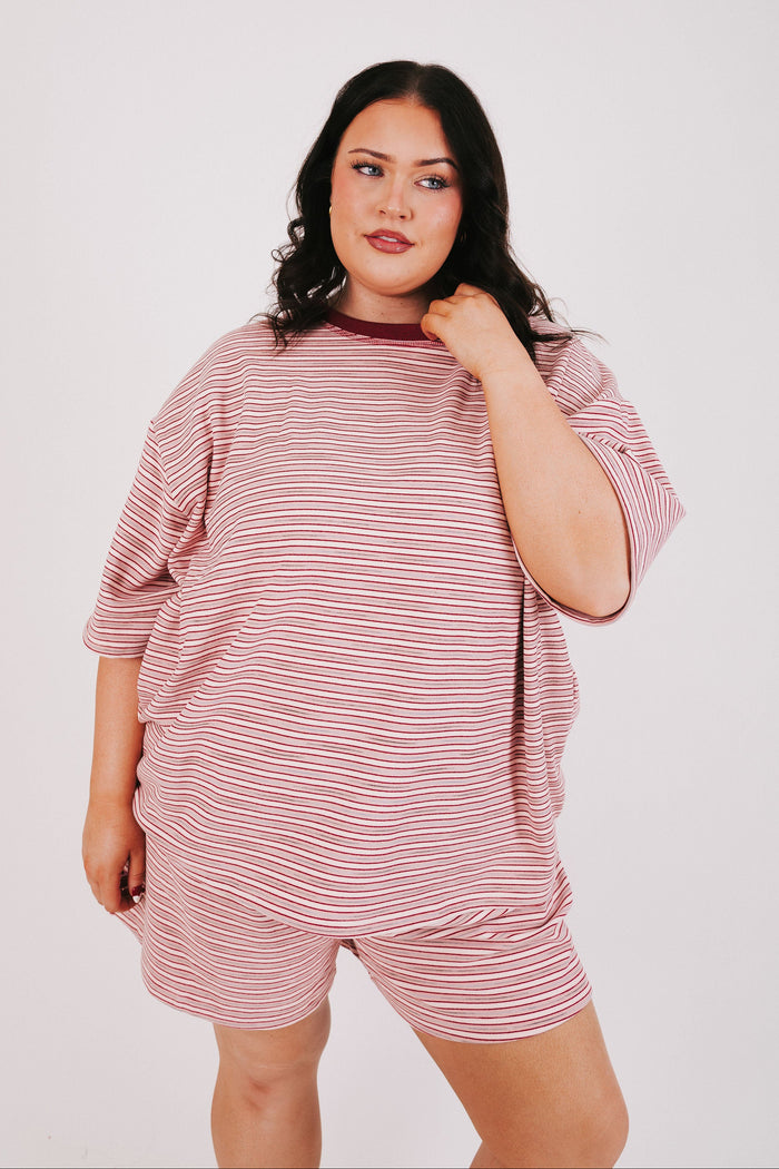 dusty red striped oversized top plus front