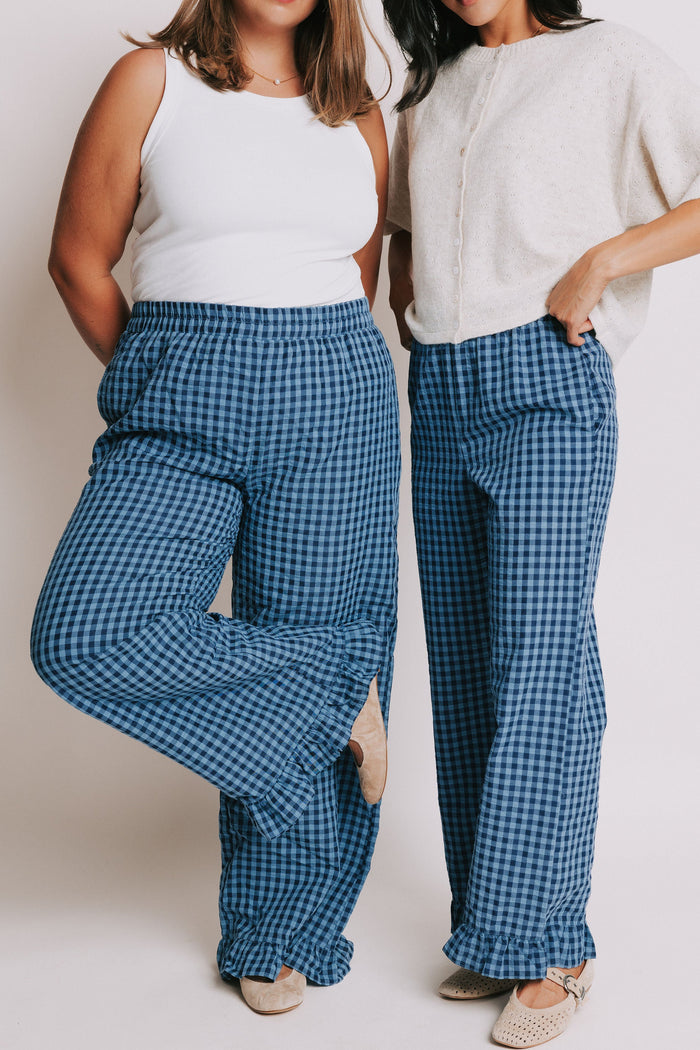 blue gingham pants with ruffled trim and elastic waist models