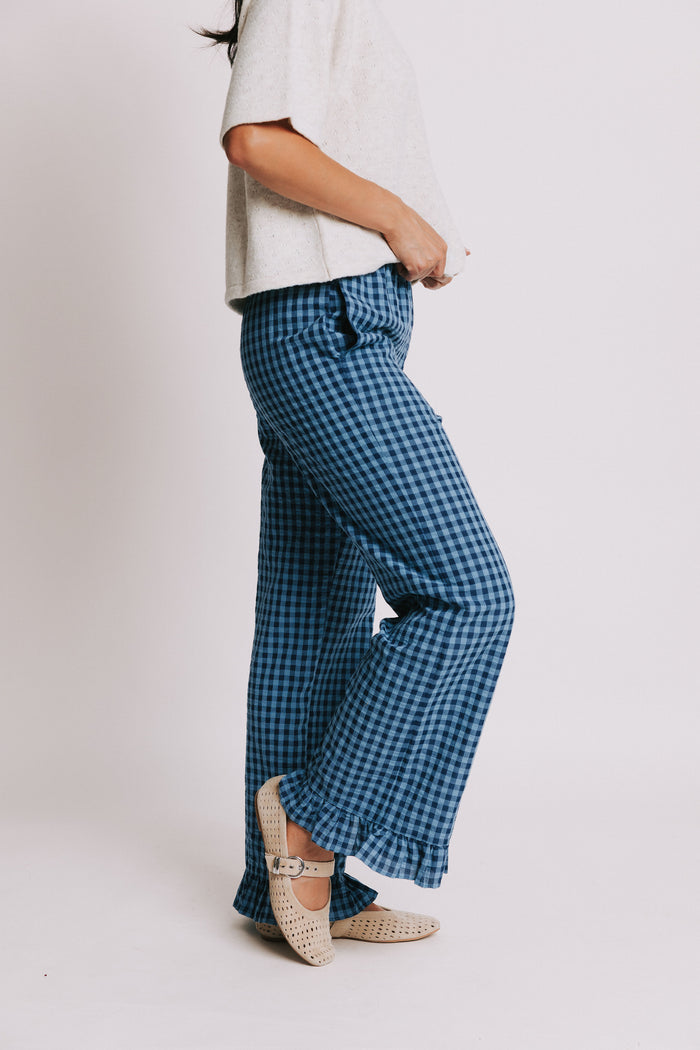 blue gingham pants with ruffled trim with elastic waist side