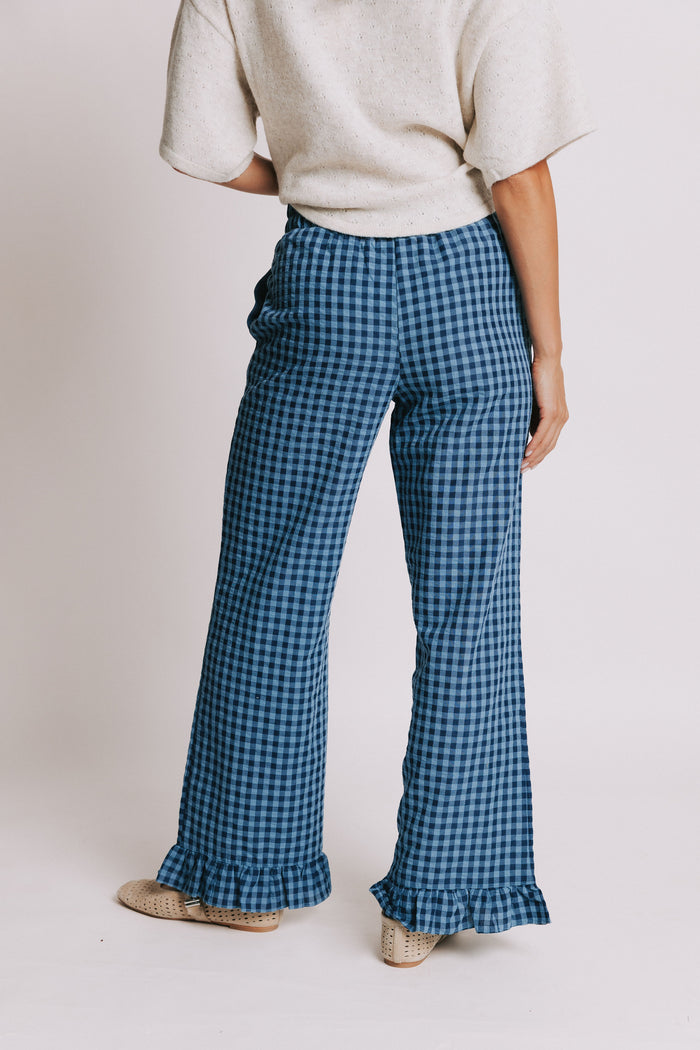 blue gingham pants with ruffled trim and elastic waist back