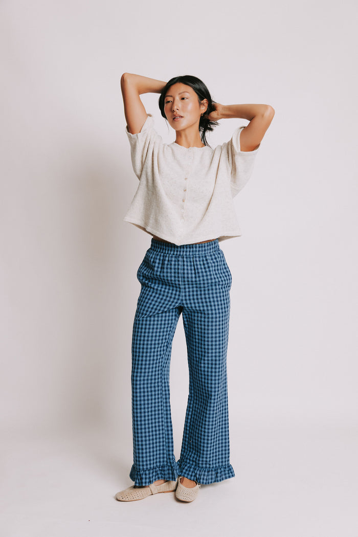 blue gingham pants with ruffled trim and elastic waist full