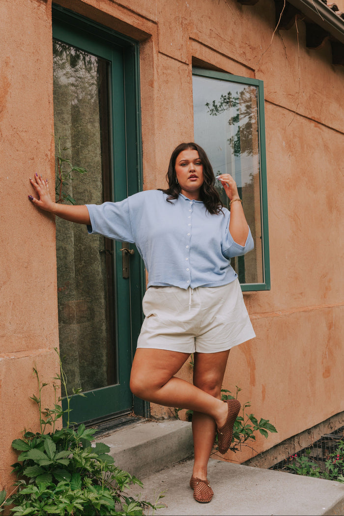 light blue short sleeved cardigan