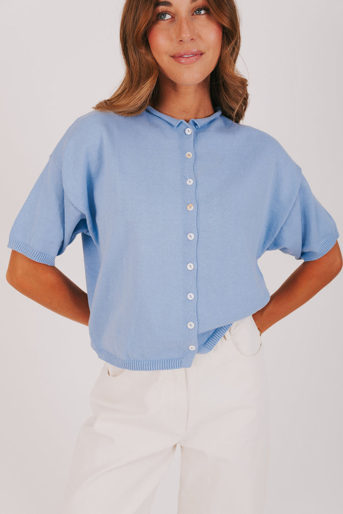 light blue short sleeved cardigan