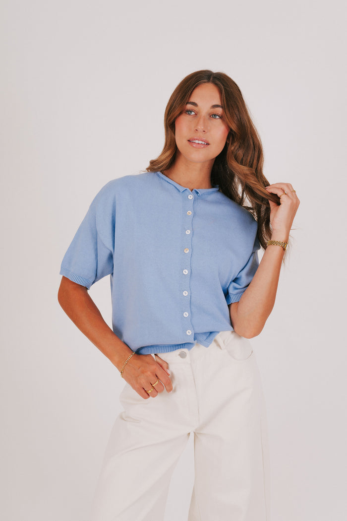 light blue short sleeved cardigan
