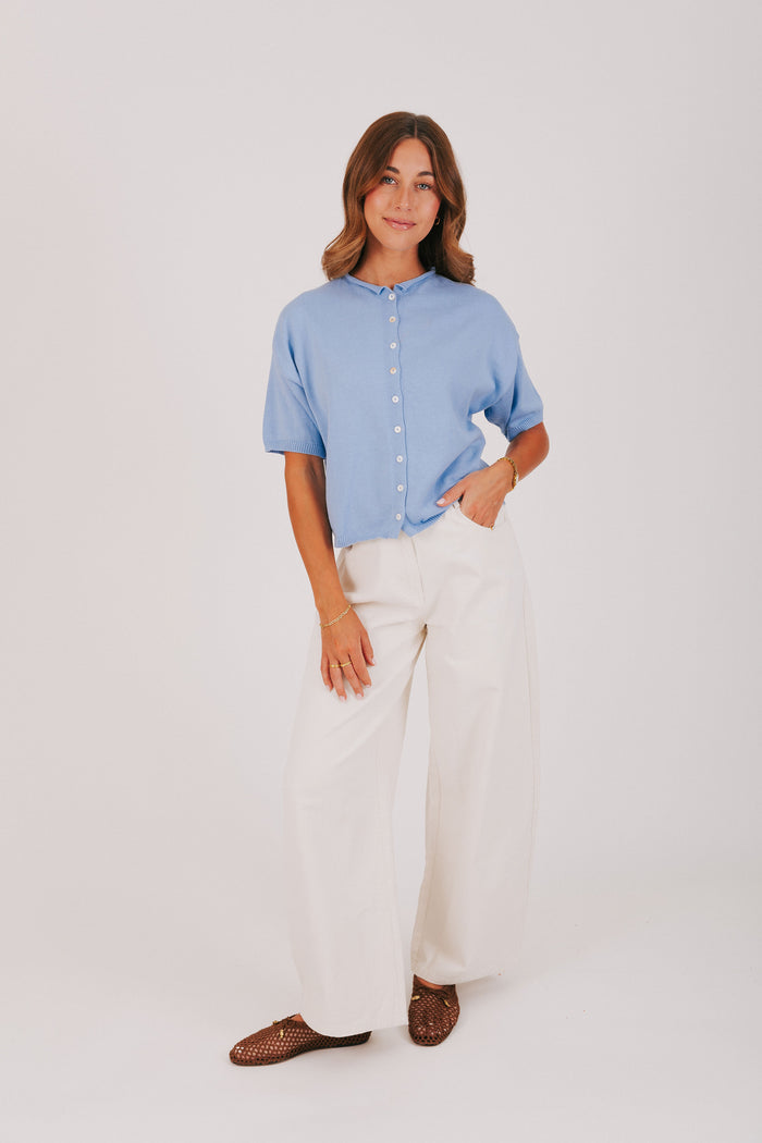 light blue short sleeved cardigan