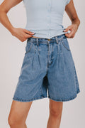 pleated baggy denim shorts