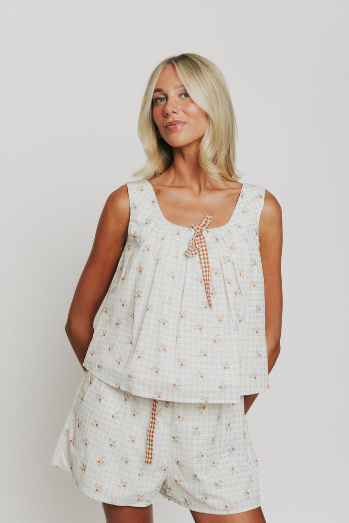 cream plaid and floral tank with gingham bow detail