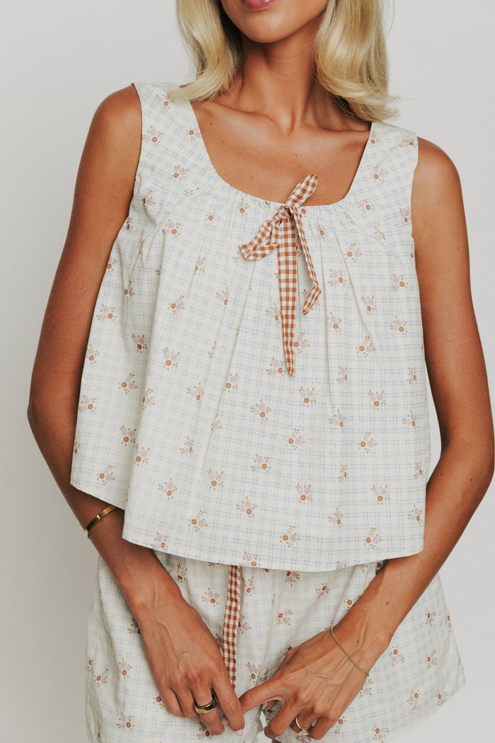 cream plaid and floral tank with gingham bow detail