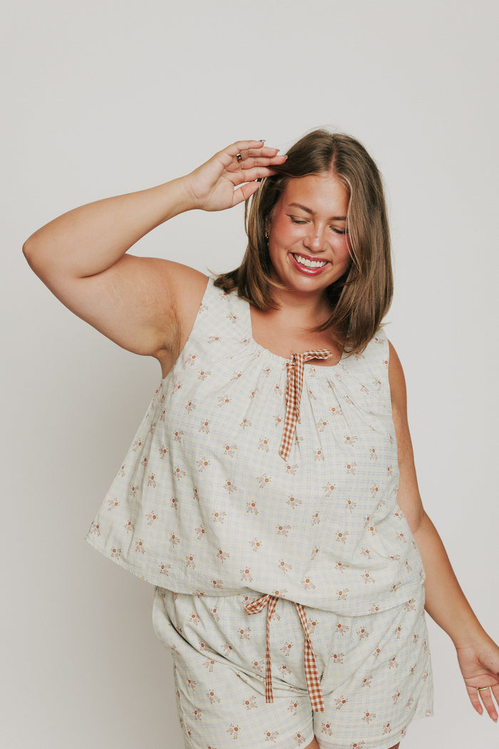 cream plaid and floral tank with gingham bow detail plus