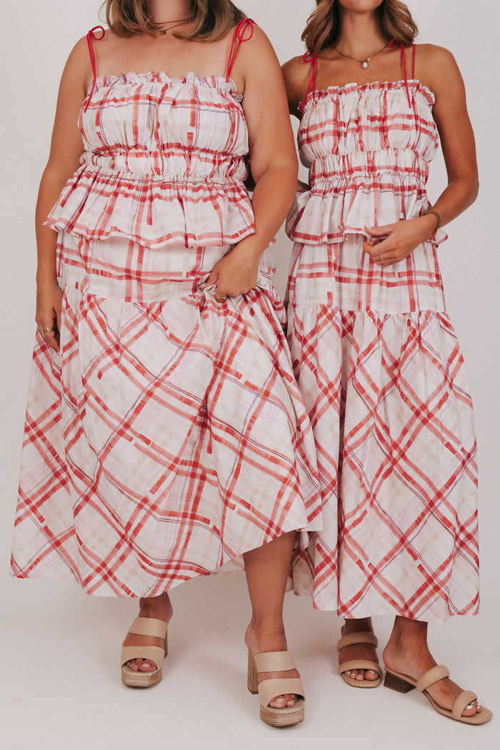 red and white plaid maxi skirt